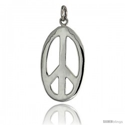 Sterling Silver Oval Peace Sign Pendant, w/ 18" Thin Box Chain, 1 1/8" (29 mm) tall