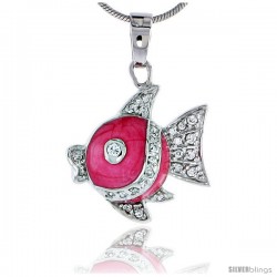 Sterling Silver Jeweled Fish Pendant, w/ Cubic Zirconia stones & Pink Enamel, 13/16" (21 mm)