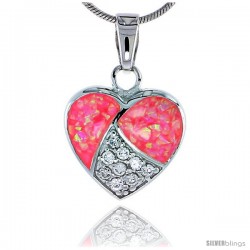 Sterling Silver Heart Pendant inlaid Pink Synthetic Opal & Cubic Zirconia stones, 5/8 in