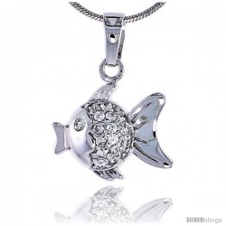 Sterling Silver Jeweled Fish Pendant, w/ Cubic Zirconia, 5/8" (16 mm)