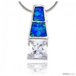 Sterling Silver Synthetic Opal Pendant w/ Square Cubic Zirconia, 3/4 in