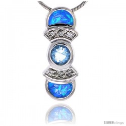 Sterling Silver Synthetic Opal Pendant w/ Aqua Color Cubic Zirconia, 7/8 in