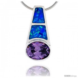 Sterling Silver Synthetic Opal Pendant w/ Purple Oval Cubic Zirconia Stone, 3/4 in