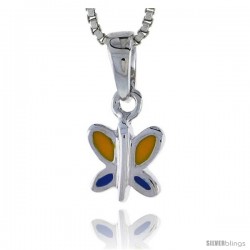 Sterling Silver Child Size Butterfly Pendant, w/ Blue & Yellow Enamel Design, 7/16" (11 mm) tall