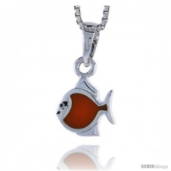 Sterling Silver Child Size Fish Pendant, w/ Orange Enamel Design, 1/2" (13 mm) tall