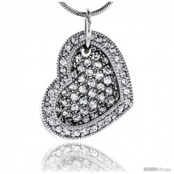 Sterling Silver Jeweled Heart Pendant w/ Cubic Zirconia stones, 3/4" (19 mm)