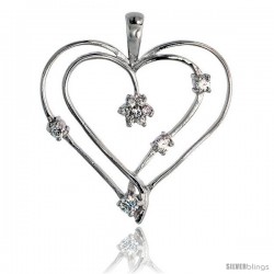 Sterling Silver Jeweled Heart Pendant, w/ Cubic Zirconia stones, 1 3/8" (34 mm)