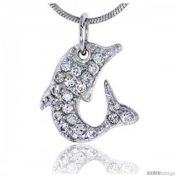 Sterling Silver Jeweled Dolphin Pendant, w/ Cubic Zirconia stones, 9/16" (15 mm) tall