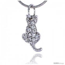 Sterling Silver Jeweled Sitting Cat Pendant, w/ Cubic Zirconia stones, 9/16" (15 mm) tall