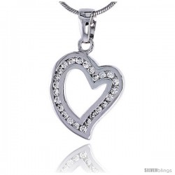 Sterling Silver Jeweled Heart Pendant, w/ Cubic Zirconia stones, 13/16" (21 mm) tall