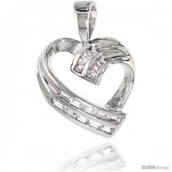 Sterling Silver Jeweled Heart Pendant, w/ Baguette Cubic Zirconia, 3/4 (20 mm)