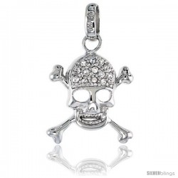 Sterling Silver Jeweled Skull and Cross Bones Pendant, w/ Cubic Zirconia stones, 7/8 (22 mm)