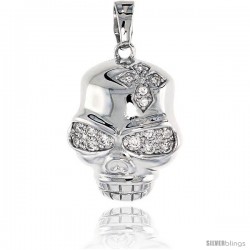 Sterling Silver Skull Pendant, w/ Cubic Zirconia jeweled Cross, 15/16 (23 mm)