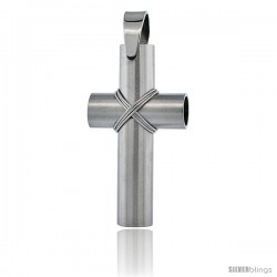 Stainless Steel Large Wire Wrapped Tube Cross Pendant, 2 in tall with 30 in chain