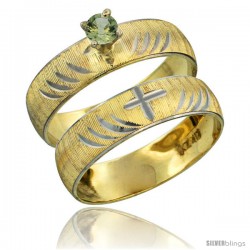 10k Gold Ladies' 2-Piece 0.25 Carat Green Sapphire Engagement Ring Set Diamond-cut Pattern Rhodium Accent, 3/16 -Style 10y503e2