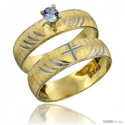 10k Gold Ladies' 2-Piece 0.25 Carat Light Blue Sapphire Engagement Ring Set Diamond-cut Pattern Rhodium Accent, -Style 10y503e2