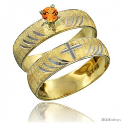 10k Gold Ladies' 2-Piece 0.25 Carat Orange Sapphire Engagement Ring Set Diamond-cut Pattern Rhodium Accent, -Style 10y503e2