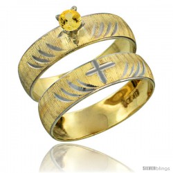 10k Gold Ladies' 2-Piece 0.25 Carat Yellow Sapphire Engagement Ring Set Diamond-cut Pattern Rhodium Accent, -Style 10y503e2