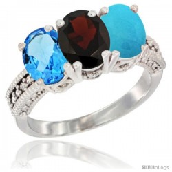 14K White Gold Natural Swiss Blue Topaz, Garnet & Turquoise Ring 3-Stone 7x5 mm Oval Diamond Accent