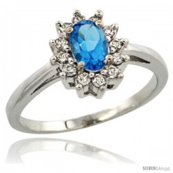 14k White Gold Swiss Blue Topaz Diamond Halo Ring Oval Shape 1.2 Carat 6X4 mm, 1/2 in wide