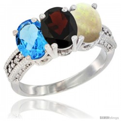 14K White Gold Natural Swiss Blue Topaz, Garnet & Opal Ring 3-Stone 7x5 mm Oval Diamond Accent