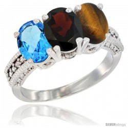 14K White Gold Natural Swiss Blue Topaz, Garnet & Tiger Eye Ring 3-Stone 7x5 mm Oval Diamond Accent