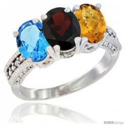 14K White Gold Natural Swiss Blue Topaz, Garnet & Whisky Quartz Ring 3-Stone 7x5 mm Oval Diamond Accent