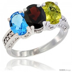 14K White Gold Natural Swiss Blue Topaz, Garnet & Lemon Quartz Ring 3-Stone 7x5 mm Oval Diamond Accent