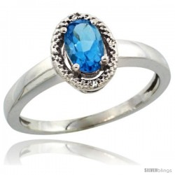 14k White Gold Diamond Halo Blue Topaz Ring 0.75 Carat Oval Shape 6X4 mm, 3/8 in (9mm) wide