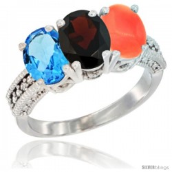 14K White Gold Natural Swiss Blue Topaz, Garnet & Coral Ring 3-Stone 7x5 mm Oval Diamond Accent