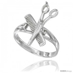 Sterling Silver Barber Shop Comb & Scissors Ring Flawless Quality 3/4 in long