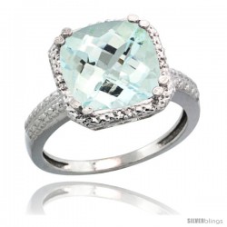 14k White Gold Diamond Aquamarine Ring 5.94 ct Checkerboard Cushion 11 mm Stone 1/2 in wide