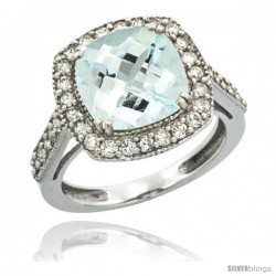 14k White Gold Diamond Halo Aquamarine Ring Checkerboard Cushion 9 mm 2.4 ct 1/2 in wide