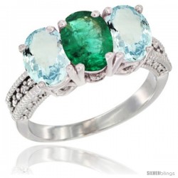 14K White Gold Natural Emerald & Aquamarine Sides Ring 3-Stone Oval 7x5 mm Diamond Accent