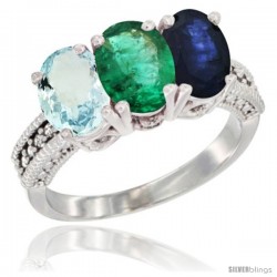 14K White Gold Natural Aquamarine, Emerald & Blue Sapphire Ring 3-Stone Oval 7x5 mm Diamond Accent