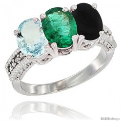 14K White Gold Natural Aquamarine, Emerald & Black Onyx Ring 3-Stone Oval 7x5 mm Diamond Accent