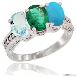 14K White Gold Natural Aquamarine, Emerald & Turquoise Ring 3-Stone Oval 7x5 mm Diamond Accent