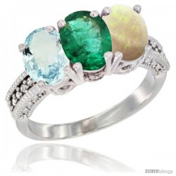 14K White Gold Natural Aquamarine, Emerald & Opal Ring 3-Stone Oval 7x5 mm Diamond Accent