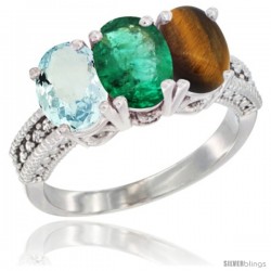 14K White Gold Natural Aquamarine, Emerald & Tiger Eye Ring 3-Stone Oval 7x5 mm Diamond Accent