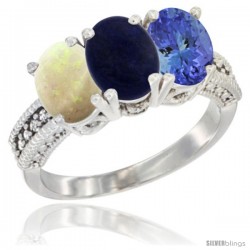 10K White Gold Natural Opal, Lapis & Tanzanite Ring 3-Stone Oval 7x5 mm Diamond Accent