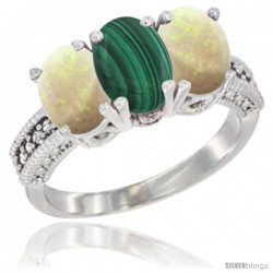 10K White Gold Natural Malachite & Opal Ring 3-Stone Oval 7x5 mm Diamond Accent