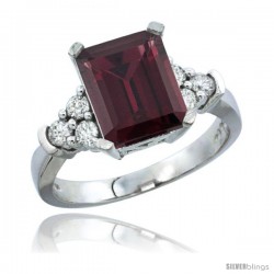 10K White Gold Natural Rhodolite Ring Emerald-shape 9x7 Stone Diamond Accent