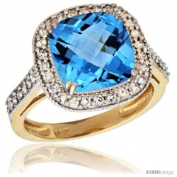 14k Yellow Gold Diamond Halo Swiss Blue Topaz Ring Checkerboard Cushion 9 mm 2.4 ct 1/2 in wide