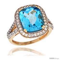 14k Yellow Gold Diamond Halo Swiss Blue Topaz Ring Checkerboard Cushion 12x10 4.8 ct 3/4 in wide