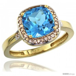 14k Yellow Gold Diamond Swiss Blue Topaz Ring 2.08 ct Checkerboard Cushion 8mm Stone 1/2.08 in wide