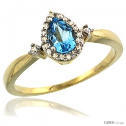 14k Yellow Gold Diamond Swiss Blue Topaz Ring 0.33 ct Tear Drop 6x4 Stone 3/8 in wide