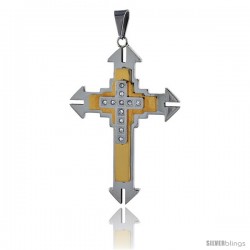 Stainless Steel Cross Pendant CZ Stones 2-tone Gold Finish, 2 1/4 in tall with 30 in chain