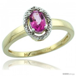 10k Yellow Gold Diamond Halo Pink Topaz Ring 0.75 Carat Oval Shape 6X4 mm, 3/8 in (9mm) wide