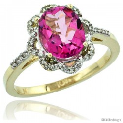 10k Yellow Gold Diamond Halo Pink Topaz Ring 1.65 Carat Oval Shape 9X7 mm, 7/16 in (11mm) wide