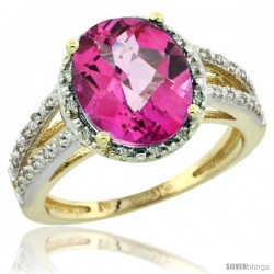 10k Yellow Gold Diamond Halo Pink Topaz Ring 2.85 Carat Oval Shape 11X9 mm, 7/16 in (11mm) wide